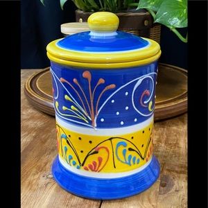 Swirl Canister Blue And Yellow, Hand Painted